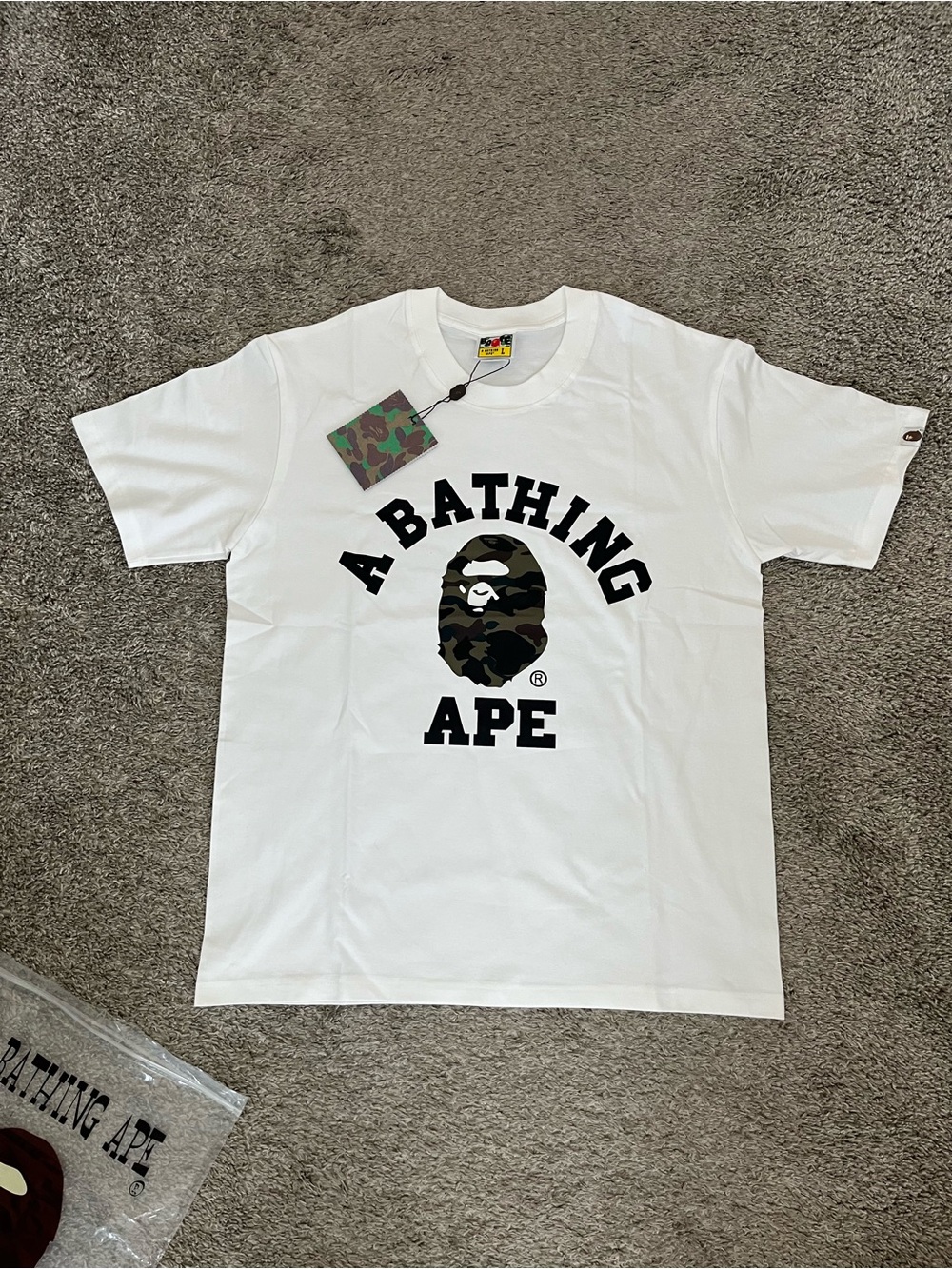 Bape White Tee with Black Graphic and Green Camo Tag